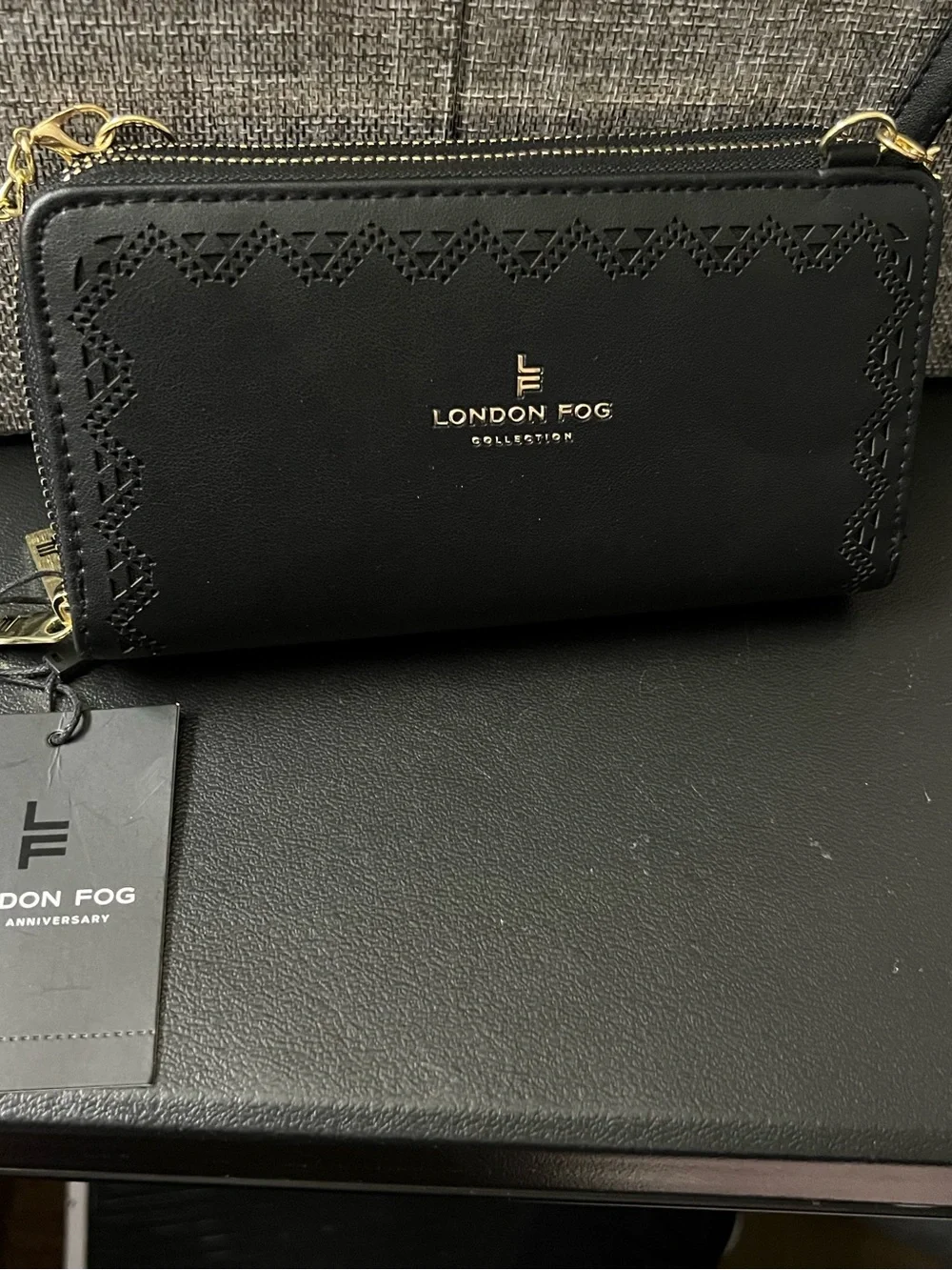 London Fog Black Wallet Crossbody with Gold Chain Accent